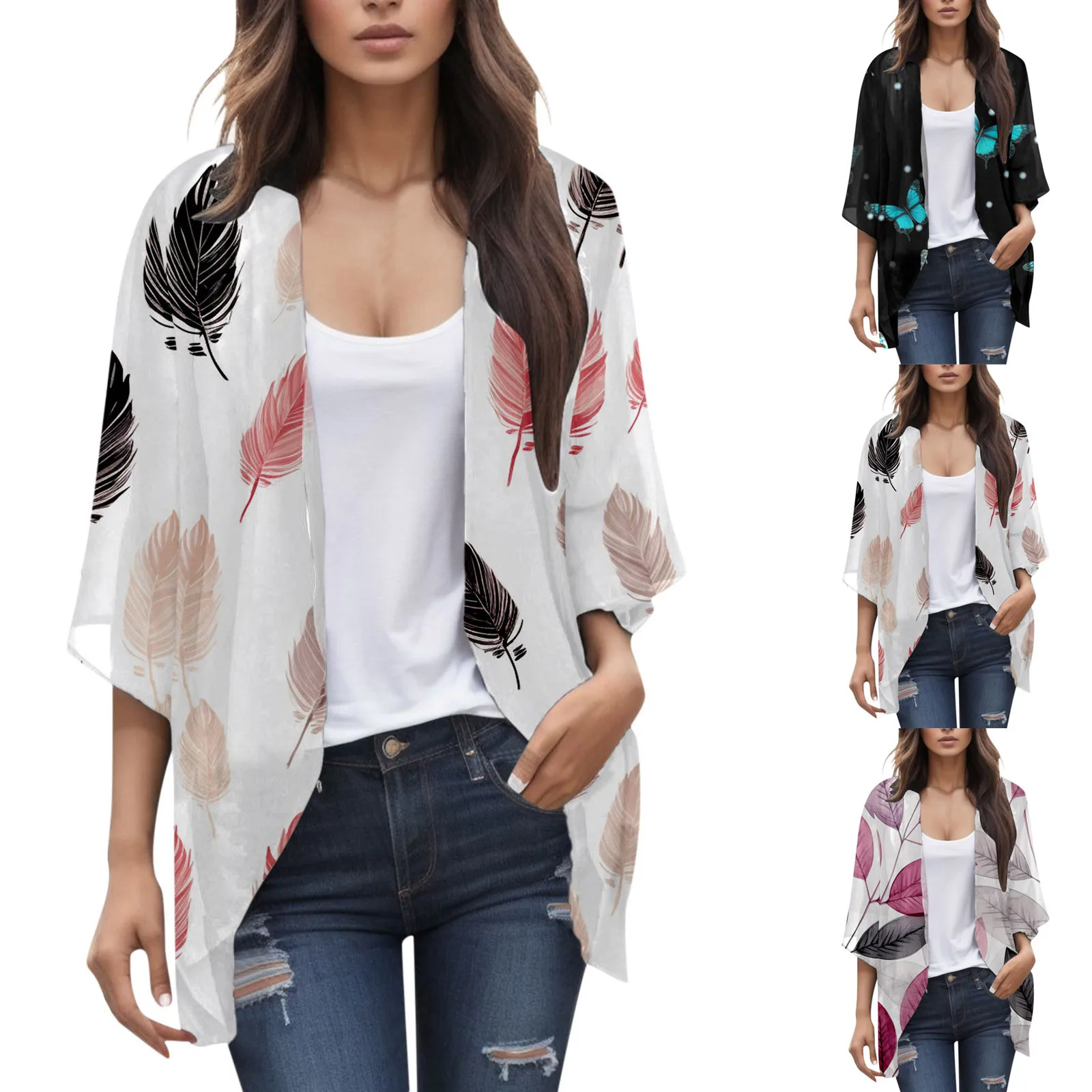 Floral Print Chiffon Cardigan Women's Puff Sleeve Loose Cover Up Oversized Female Casual T-shirt Blouse Fashion Tops Clothing