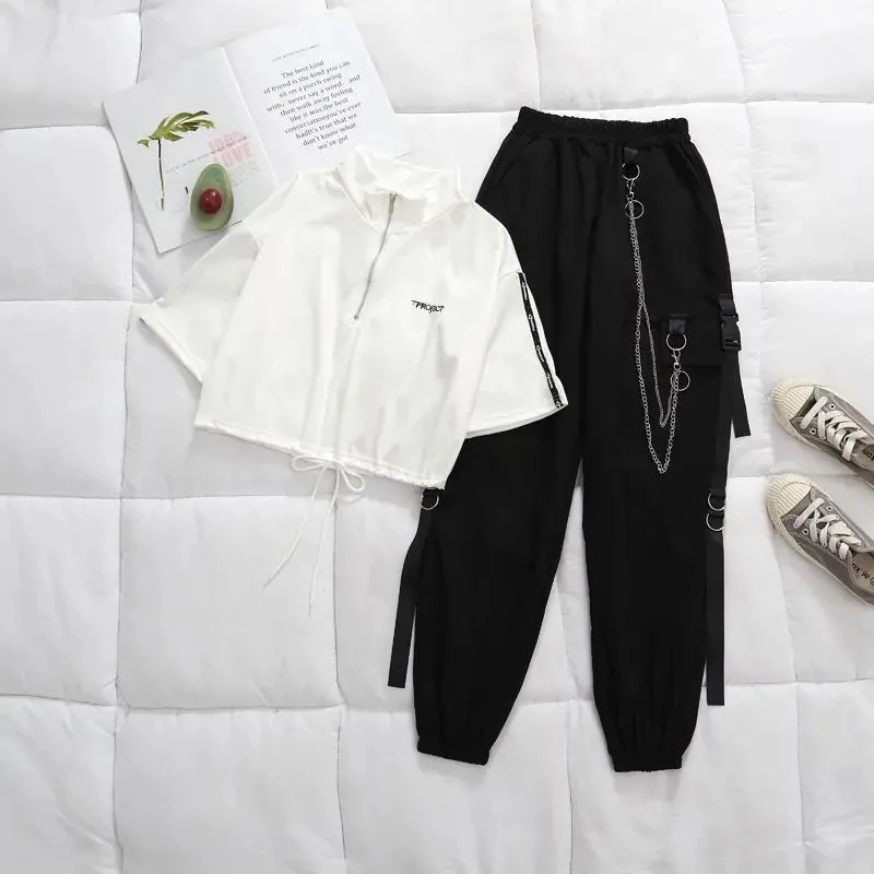 

Gothic Women Black 2 Piece Sets Summer Fashion with Chain Short Sleeve Crop Tops Female High Waist Streetwear Cargo Pants Suit