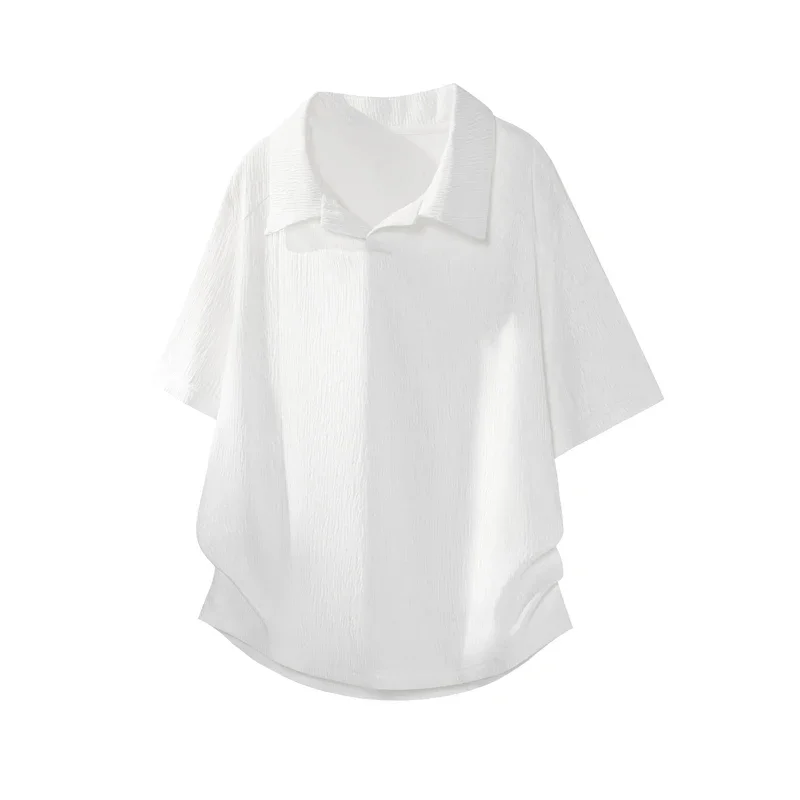 Mens Casual Lapel V Neck Short Sleeve Top Crinkle Finish Weave Loose Curved Hem Cut For Weekend Gathering Outing Scenes