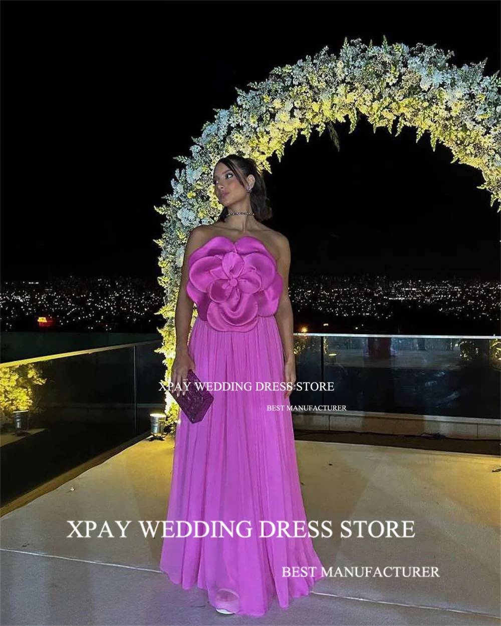 XPAY Strapless Dubai Arabic Modest Evening Dresses A Line Sleeveless Top Big Rose Flower Prom Gowns Custom Formal Occasion Dress