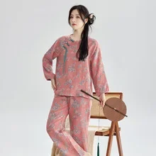 الصينية الرجعية نمط منامة المرأة الغزل مصبوغ طبقة مزدوجة الغزل Homewear الأزهار جولة الرقبة طويلة الأكمام السراويل ملابس المنزل