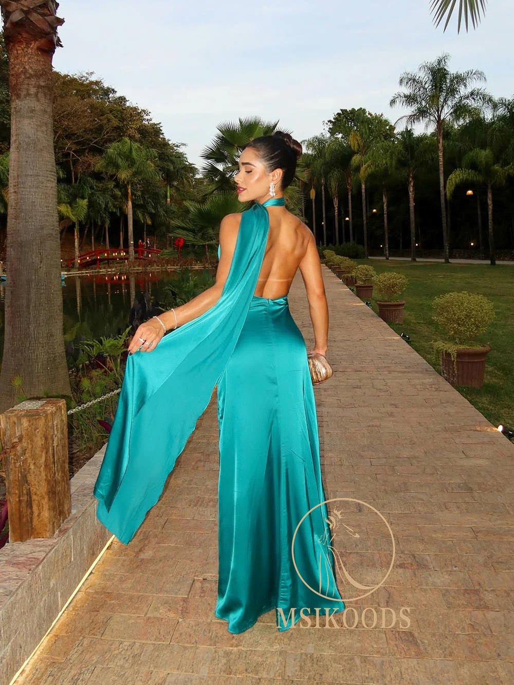 Msikoods cetim halter vestido de noite 2025 elegante sem costas alta fenda longo vestido de baile sem mangas sexy vestido de festa mulher personalizado