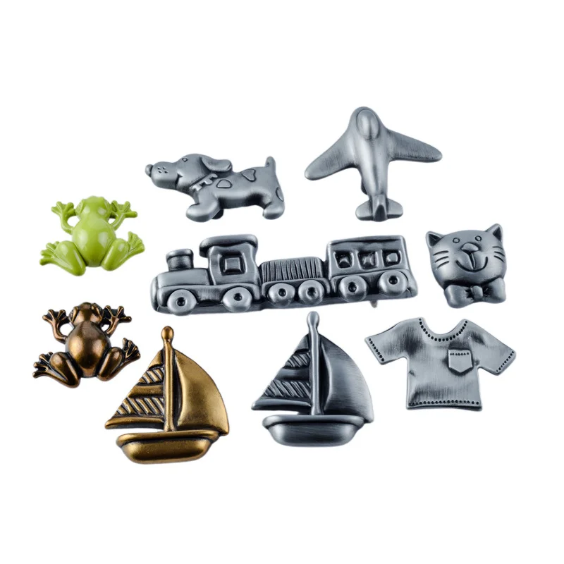 Creative Cartoon Clothes Crousers Plane Cat  Dog Frog Train Sailboat Kid,s Room furniture Knob Antique Tin Silver Green Handle