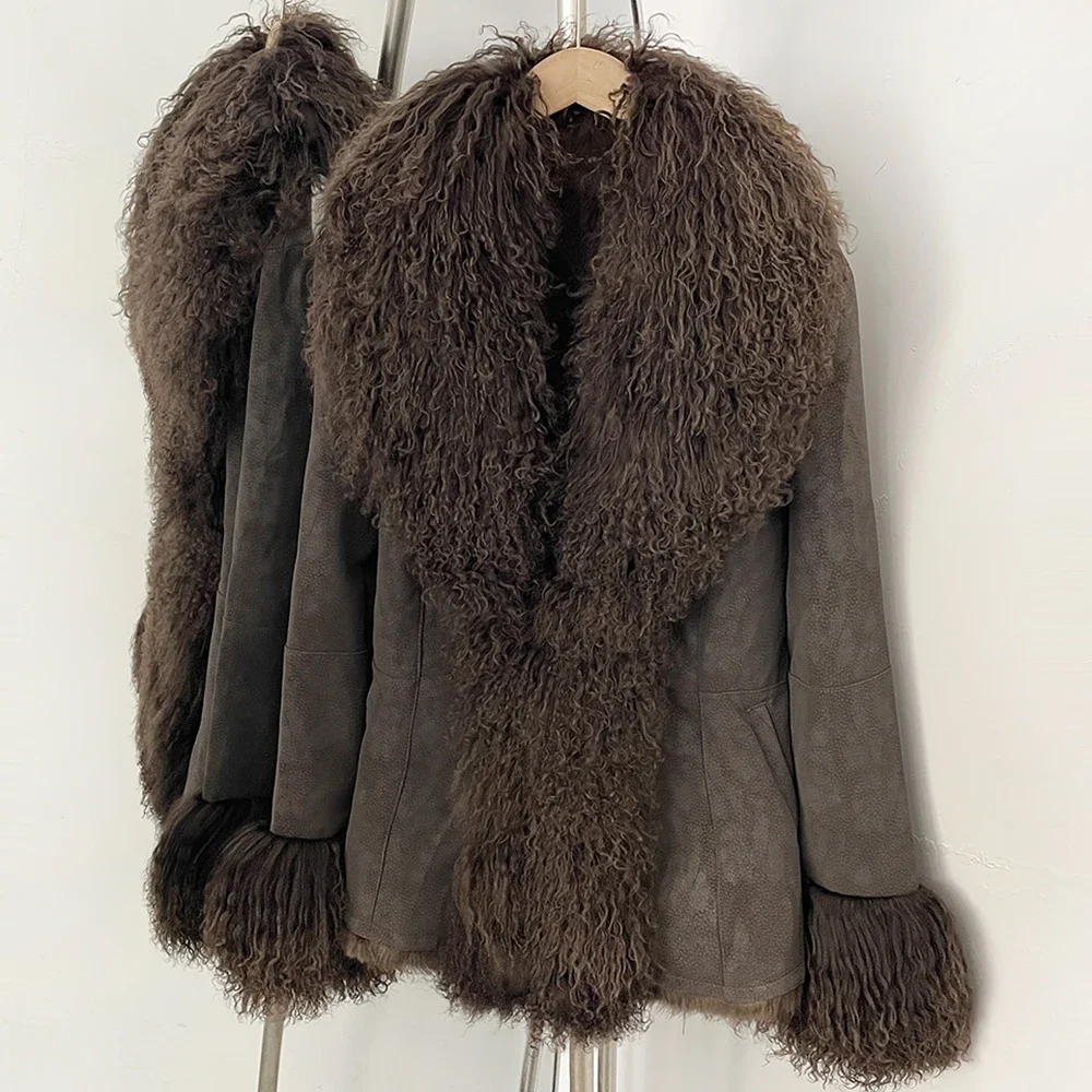 OFTBUY New Winter Warm Curly Mongolia Sheep Fur Jacket Women Vintage Shearling Coat Slim Faux Suede Real Rabbit Fur Clothing