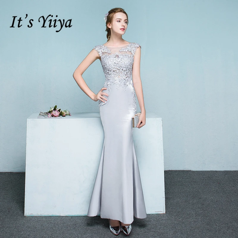 

Clearance Gray Evening Dresses O-neck Lace Sleeveless Mermaid Trumpt Zipper Back Floor Length Women Party Formal Gowns LC039