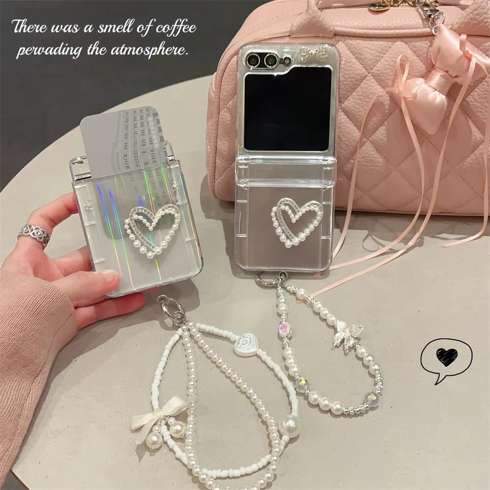 Luxury Aurora Card Holder Cover For Samsung Galaxy Z Flip 5 z flip 6 4 3 Pearl Heart Case For Samsung Z Flip 3 Hand Chain Case