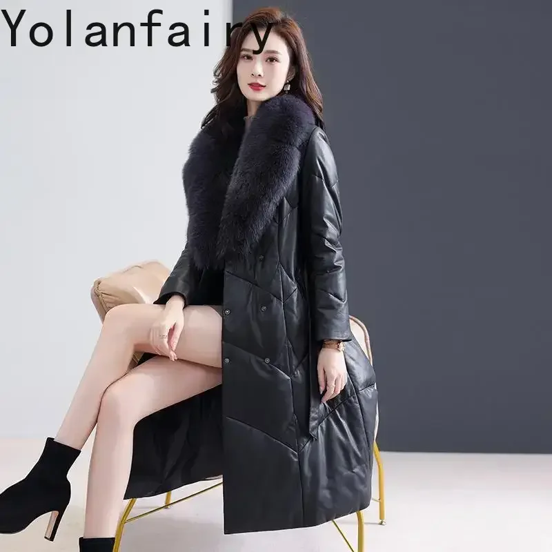 YOLANFAIRY Genuine Leather Down Jacket Women Clothes Mid-long Pure Sheepskin Jacket Belt Fashion Trench Coat Fox Fur Collar
