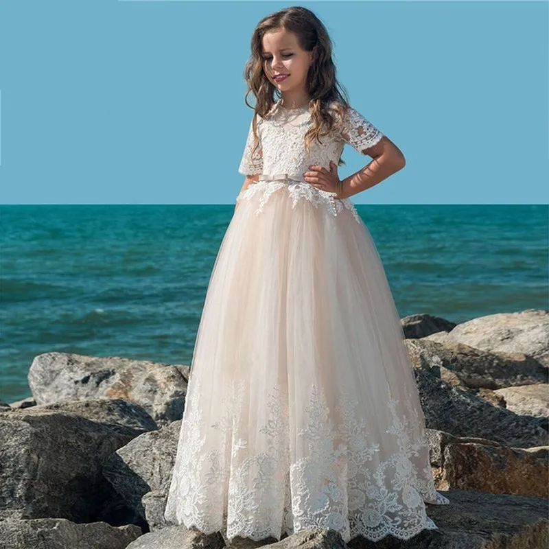 Robes de mariage en dentelle pour filles, encolure en bijoux, sur mesure, robes de concours, ligne a, vêtements de fête d'anniversaire pour enfants