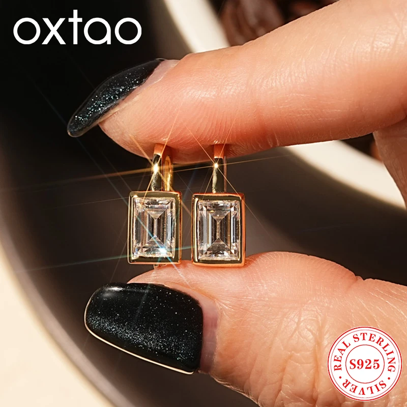 

OXTAO 5*7 мм изумрудной огранки с муассанитом U-образные серьги-кольца женские оригинальные серьги из серебра 925 пробы с позолотой 14 карат модные украшения