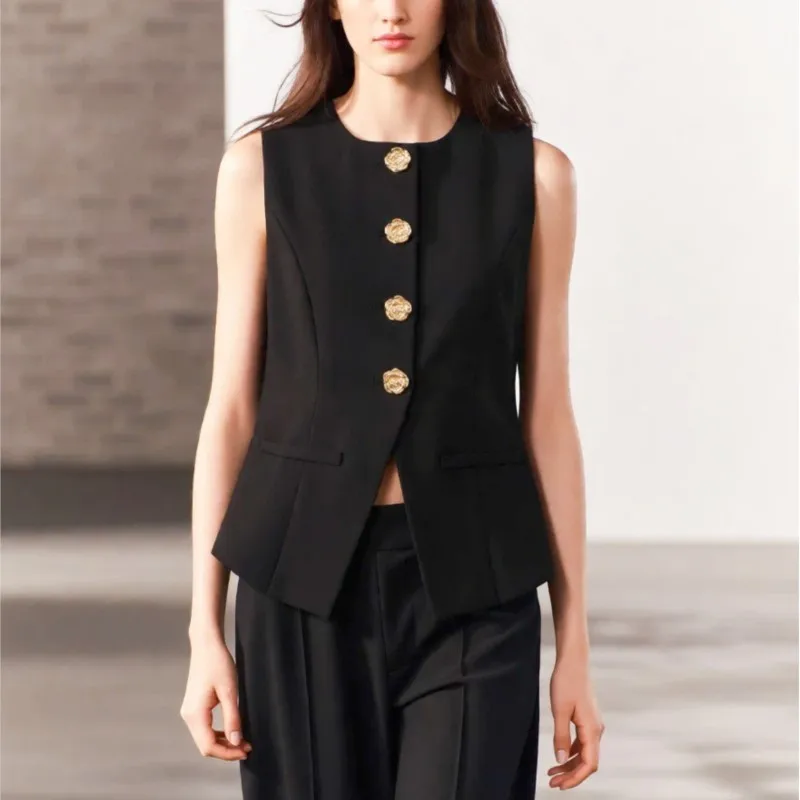 Women New Casual Button Solid Color Jacket Vest Sleeveless O-neck Summer Elegant Fashion Ropa Mujer Vintage 2026 New Collection