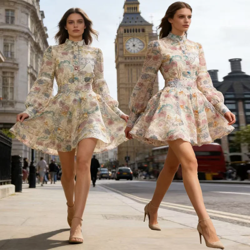 Ensemble jupe ort imprimée à col montant rétro, taille élastique, t-shirt Long Sve, ensemble de pièces, huit couleurs, matériel en velours de rue