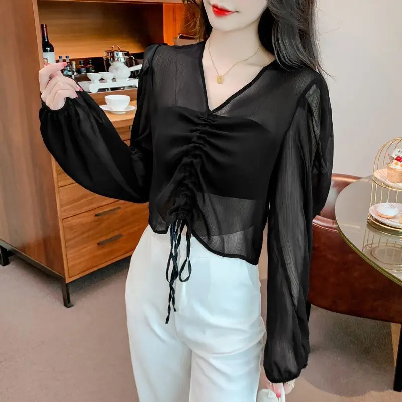 Summer New Thin Chiffon Blouse Long Sleeve Solid Color V Neck Drawstring Short All-match Shirt Tops Casual Fashion Women Clothes