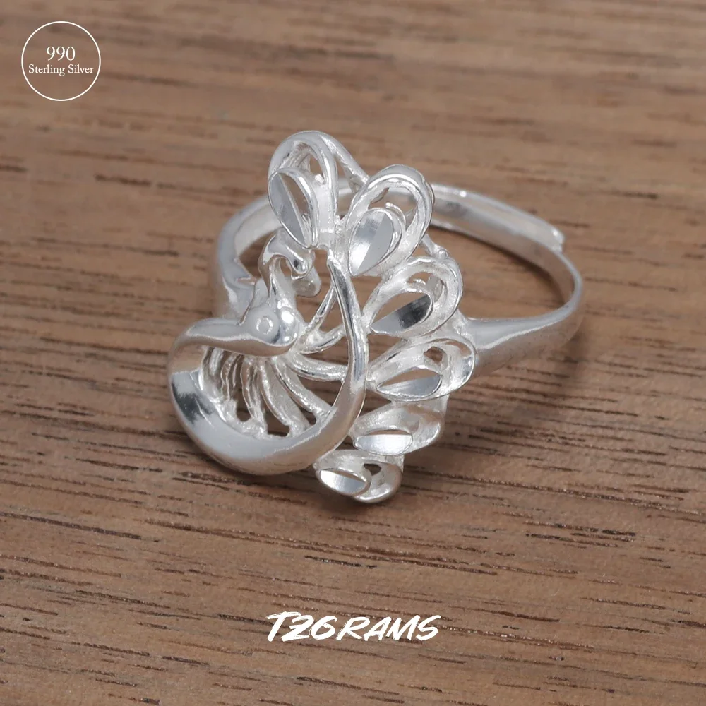 

990 Pure Silver Peacock Feather Ring for Women Vintage Hollow Carving Ethnic Style Exquisite Jewelry Gift