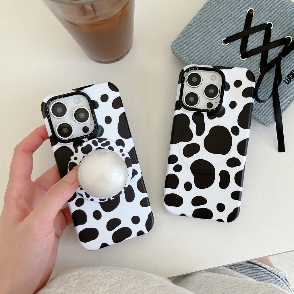 

Simple Black White Cow Print Stereoscopic Pearl With Holder Magnetic Shock Proof Phone Cover Case for iPhone 17 16 15 14 Pro Max