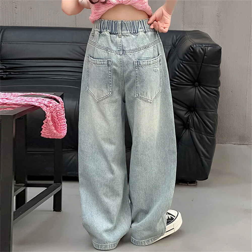 Jeans a gamba dritta per bambini alla moda ricamo asciugamano Jeans per ragazze pantaloni da papà per ragazze pantaloni Casual per bambini 006