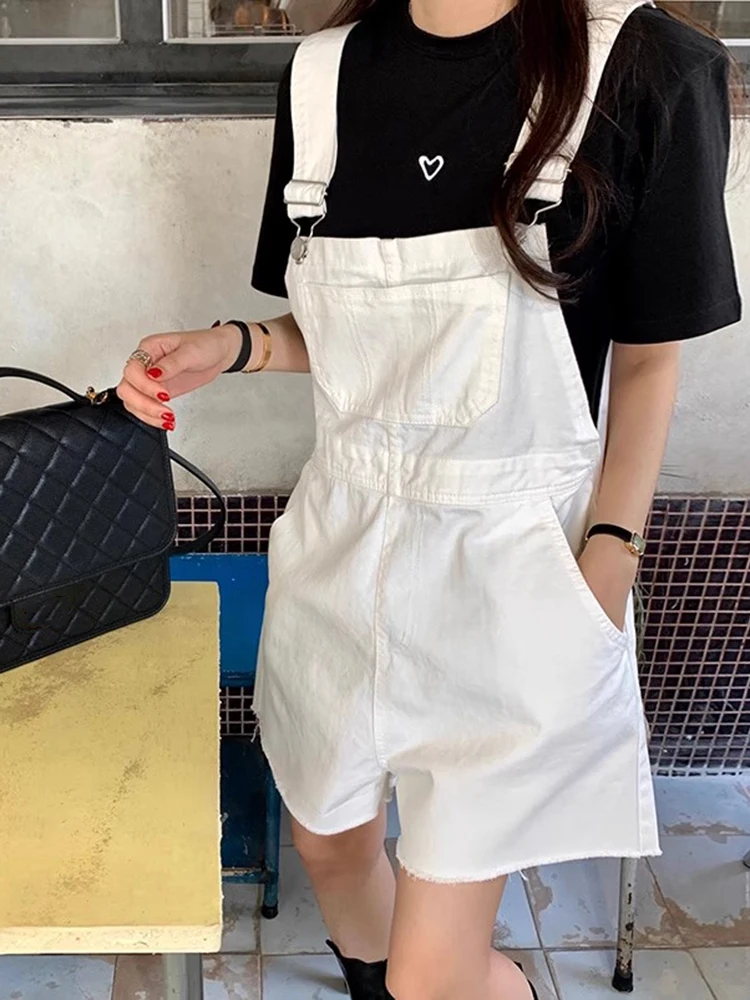 Summer Vintage Jeans Jumpsuit Women Cotton Wide Legs Bib Female Overalls Personality Denim Rompers Shorts