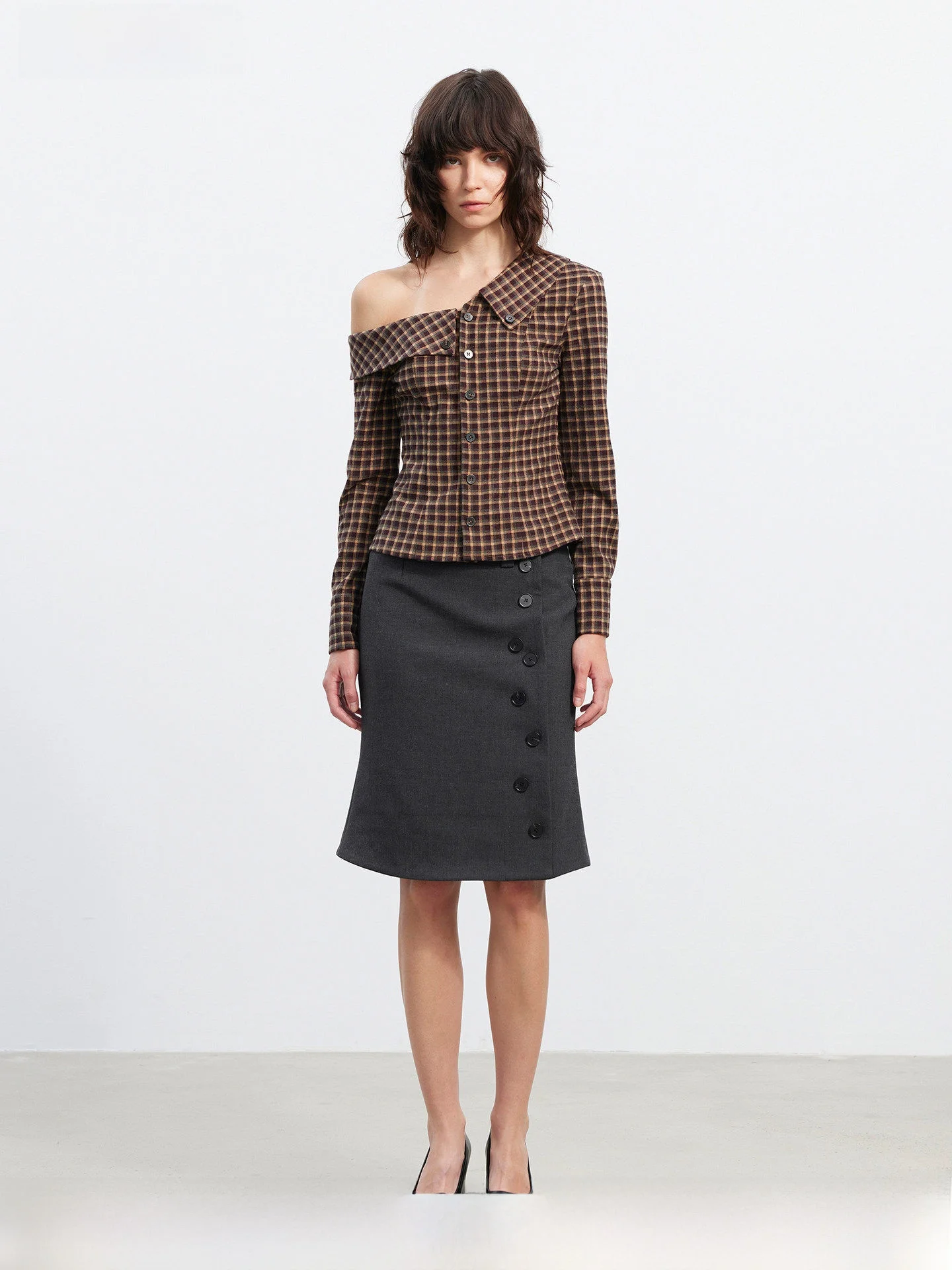 

AFTADAWN Retro Plaid Asymmetric Design Long Sleeve Bridesmaid Shirt Women's Slim Fit Shirt Open Cardigan Style Polka Dot Top