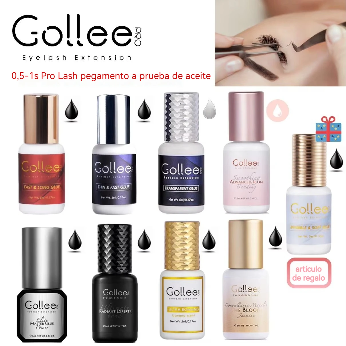 Gollee Pegamento para extensiones de pestañas Pegamento para pestañas 1S Tiempo de secado Retención 6-8 semanas 5ml) Pegamento para pestañas Max Bond Thin para extensiones de pestañas Solo uso profesional Pegamento par
