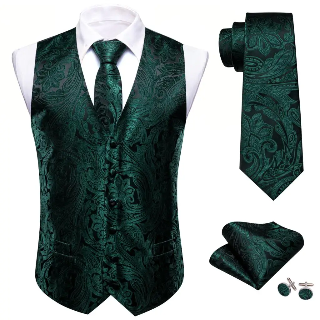 Elegant Vintage Vest for Men Silk Green Blue Male Waistcoat Tie Set Wedding Groom Formal Suit Gilet Sleeveless Barry Wang
