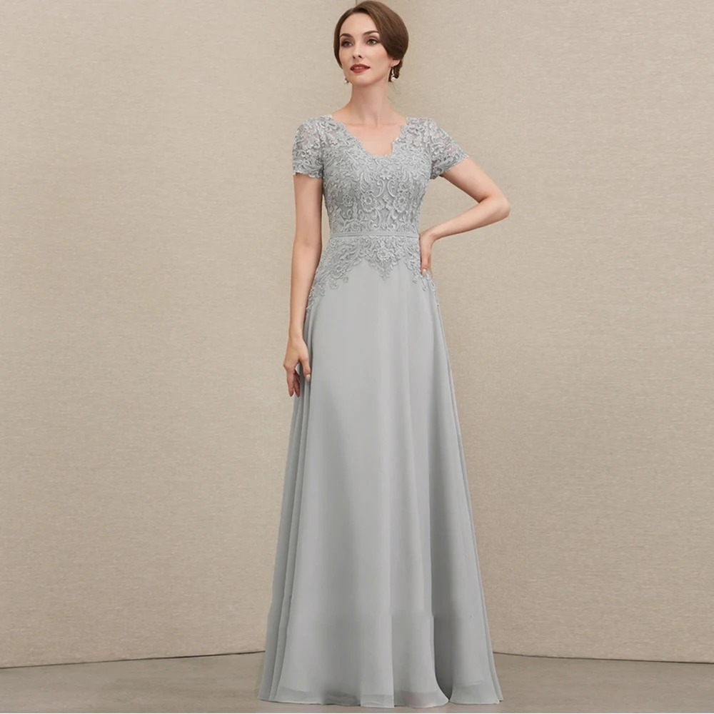 Short Sleeve Strapless Mother of Bride Dresses with Lace 2023 Summer New Chiffon Wedding Party Dresses Zipper Back Vestidos De