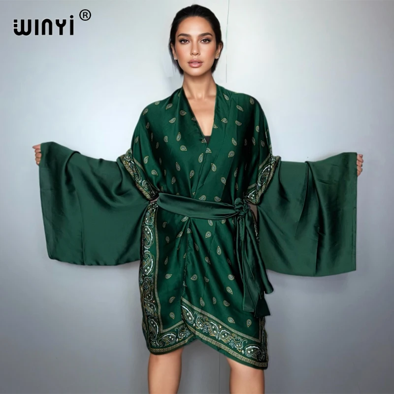 WINYI mode kimono tenues de plage femmes maillot de bain couvrir Cardigan point auto ceinture vacances à manches longues manteau vacances caftan