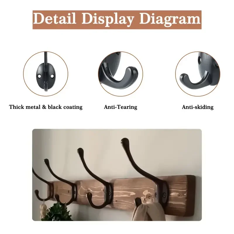 4Pcs Black Metal Coat Hook, Wall Mounted Retro Dual Hanging ,Utility Accessories, Simple Screw Installation image 3