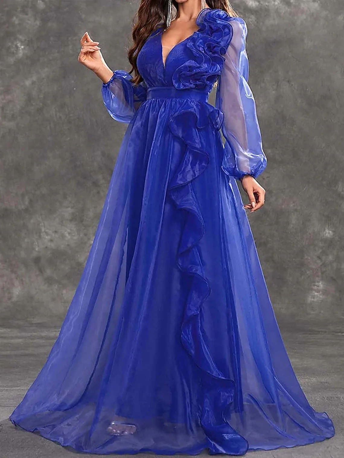 

Elegant A-Line Formal Evening Dress Organza Long Sleeve V Neck Ruffles Floor Length Wedding Guest Dress 2025 Free Customized