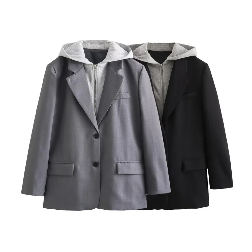 2025 Neuer Damen-Blazer für Street Commuter, lässig, vielseitig, einreihig, dekorativ, mit Kapuze und Nähten, gefälschter zweiteiliger Blazer