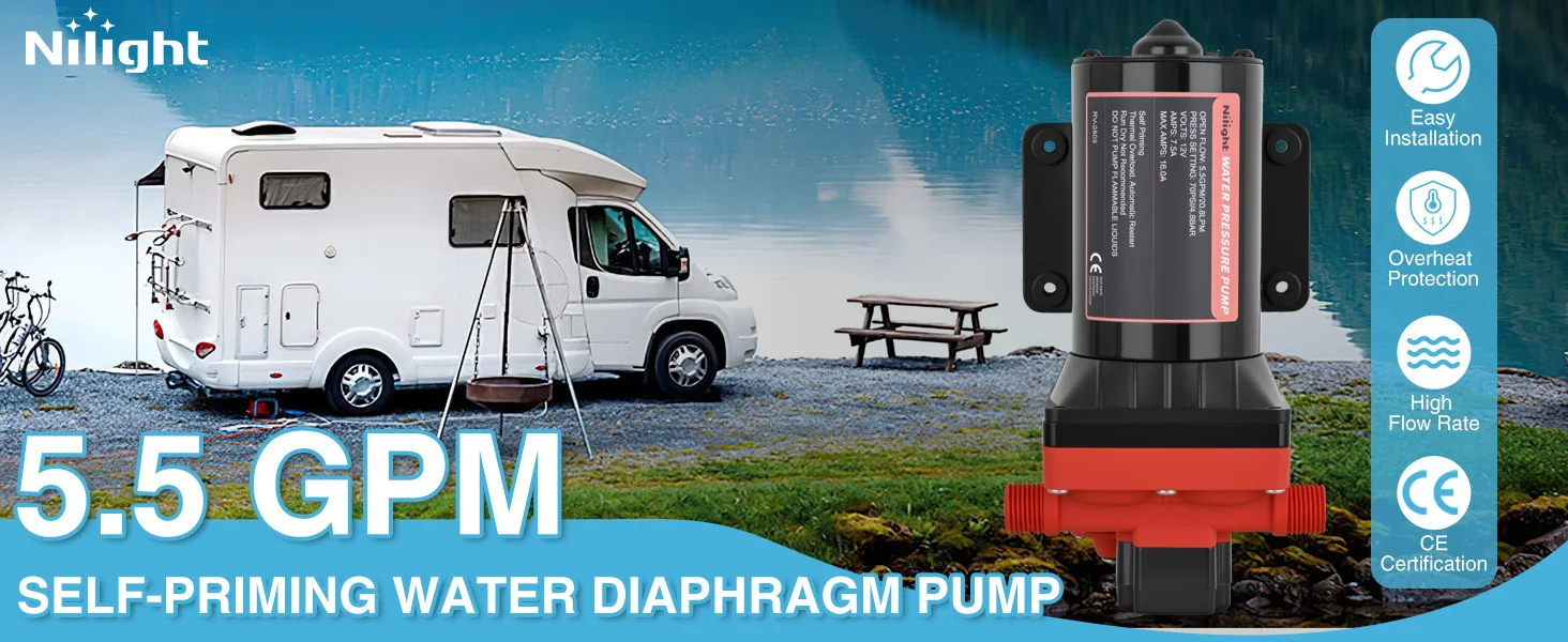 Nilight RV Water Pump 12V Camper Water Pump 5.5 GPM 70 PSI with Pressure Switch & Strainer Heavy Duty Diaphragm Pump Self-Priming Low Noise for RV Camper Marine Yacht Caravan Trailer, Fresh Water Transfer Pump for Motorhome Boat Caravan Outdoor System