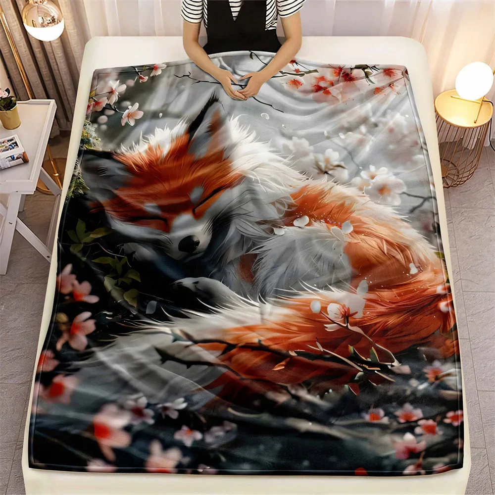 1pc Fox Peach Blossomc Microfiber Throw Blanket, Fox Leisure Cover Blanket, Fox Lunch Break Blanket Home Travel Camping Blanket