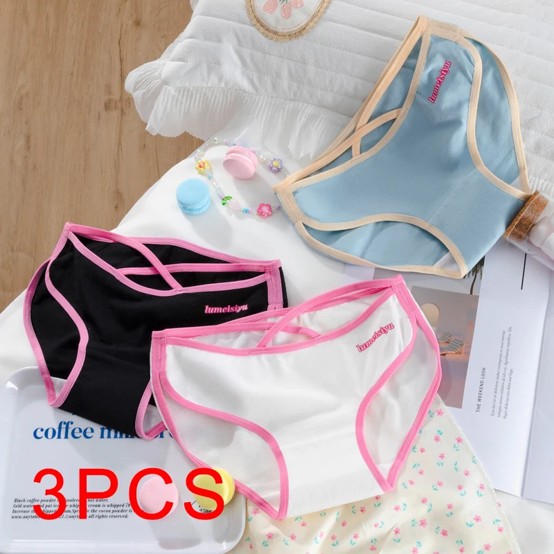 3PCS Women's Panties Contrasting Colors Sexy Girl Cross Straps Female Underwear Pure Cotton Mid-rise Fashion Seamless Intimates