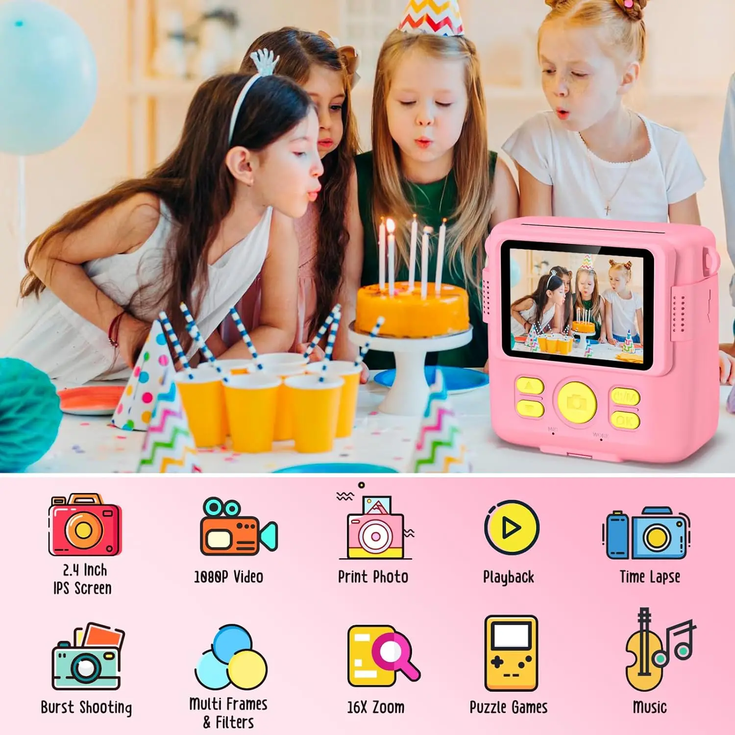 Appareil photo numérique instantané pour enfants, caméra vidéo 2.4 P, impression instantanée, carte 32 Go, cadeau pour 3 à 12 ans, 1080 pouces