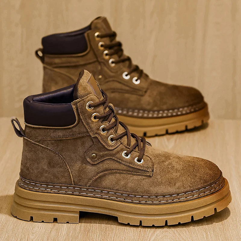 Men Warm Fleece Lined Winter Work Boots Vintage Lace Up Chunky Lug Sole Non Outdoor Coldproof Casual Tactical Ankle Combat Boots