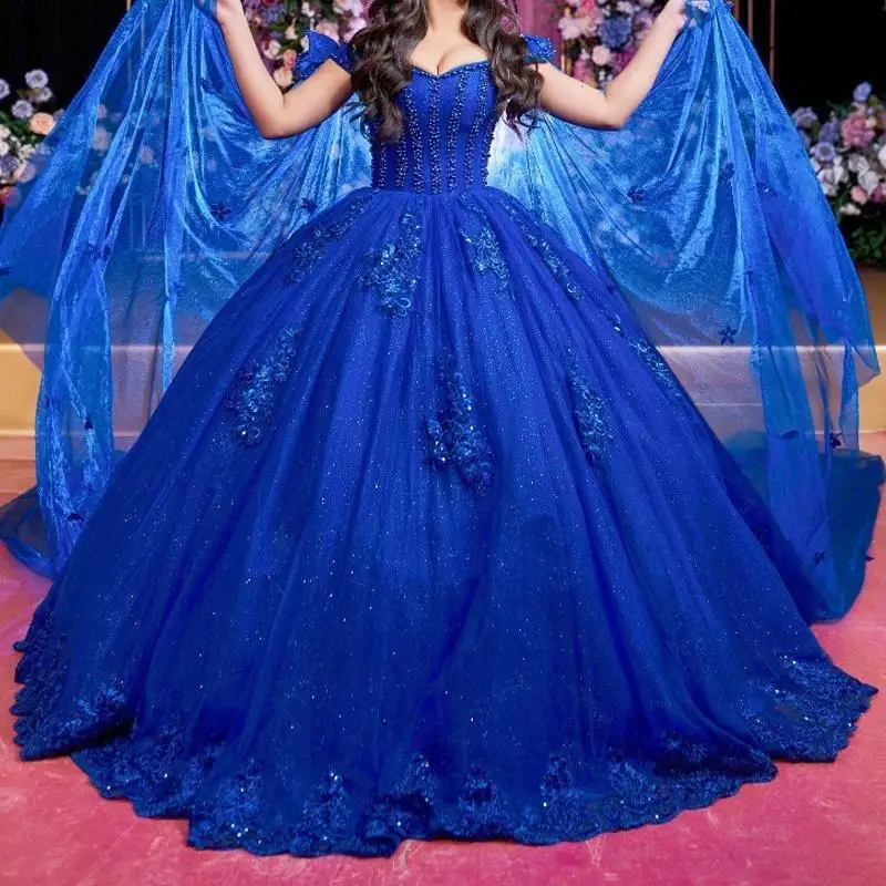 Luxury Royal Blue Quinceanera Dress Ball Gown Off The Shoulder Lace Appliques Beads Tull Sweet 16 Vestidos De 15 Quinceañera