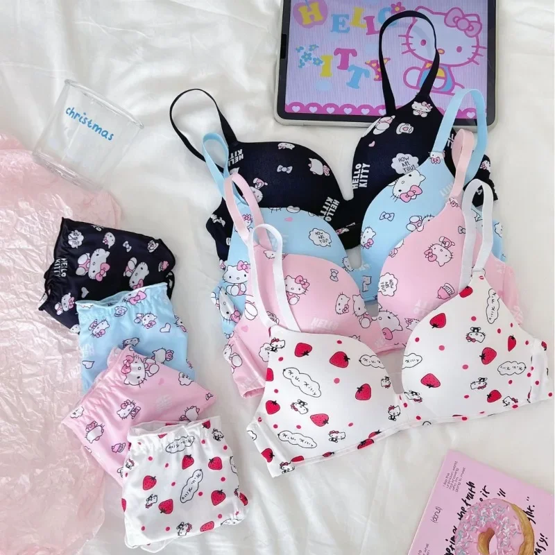 Sanrio Hello Kitty Women's Bra Set Underwear Set Adjustable Shoulder Strap Seamless Bralette Female Lingerie Soft Tank Crop Top