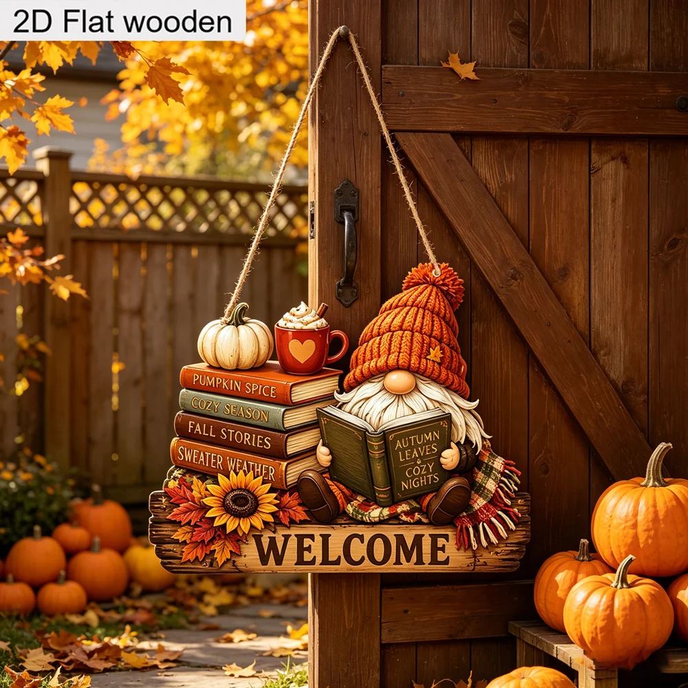 2D Flat Fall Gnome Welcome Wooden Plaque Pumpkin Book Coffee Autumn Farmhouse Thanksgiving Front Door Wall Decoration