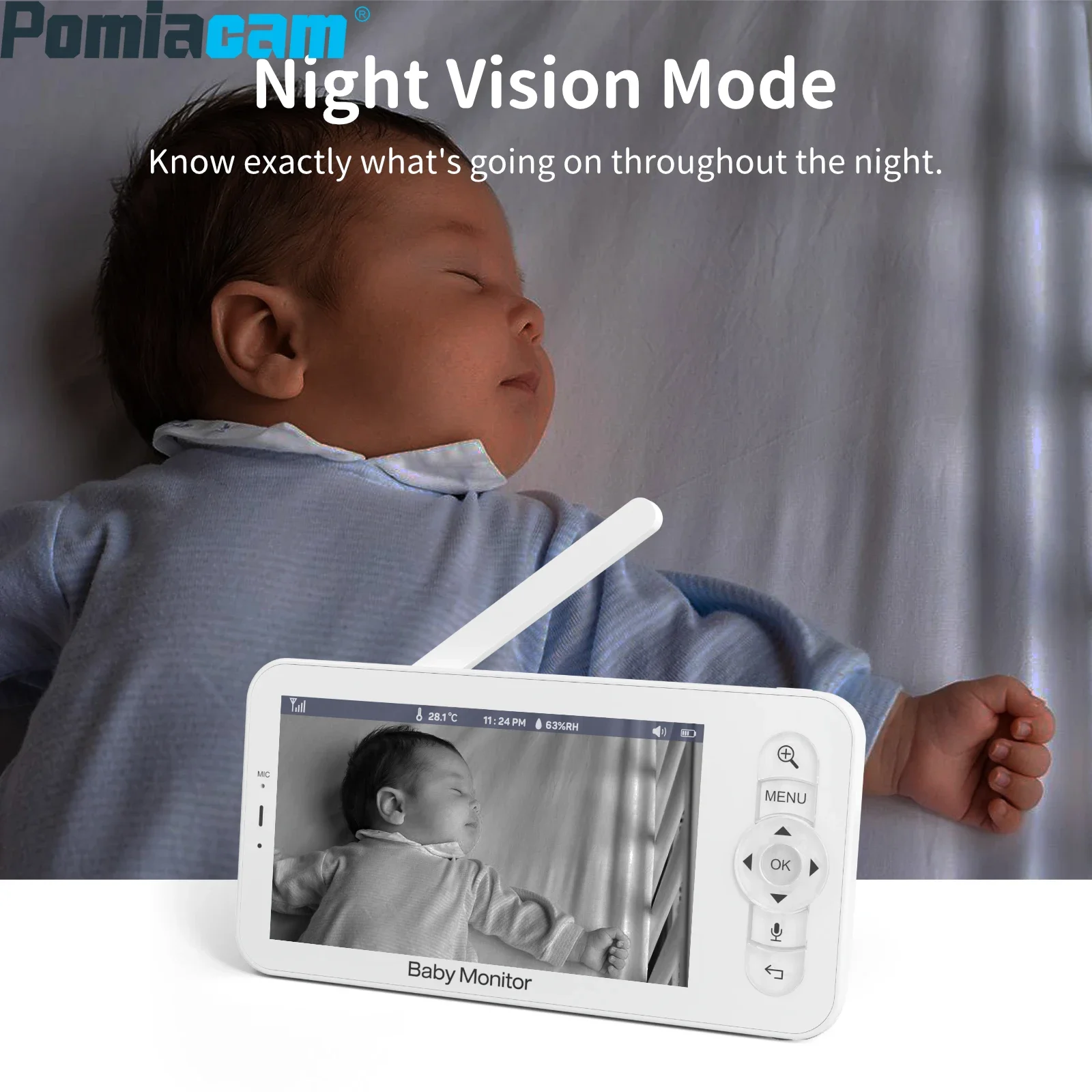 Baby Monitor 5inch Camera Wifi Phone App,1080P Pan-Tilt,4X Zoom,Night Vision,2-Way Talk,3000mAh Battery,Electronic Babyphone