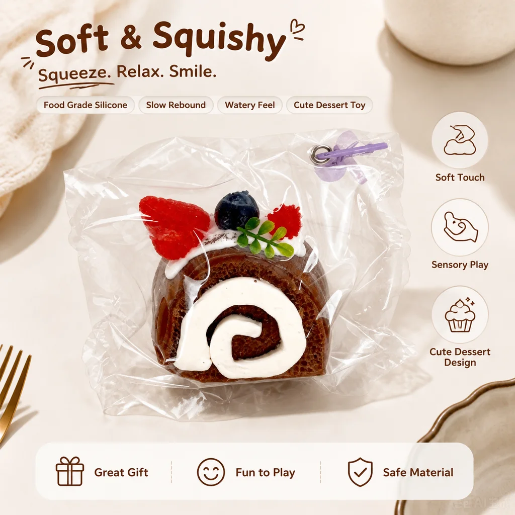 Food‑Grade Silicone Swiss Roll Cake Squishy Toy Realistic Fruit Dessert Squeeze Fidget Toy Stress Relief Sensory Decompression