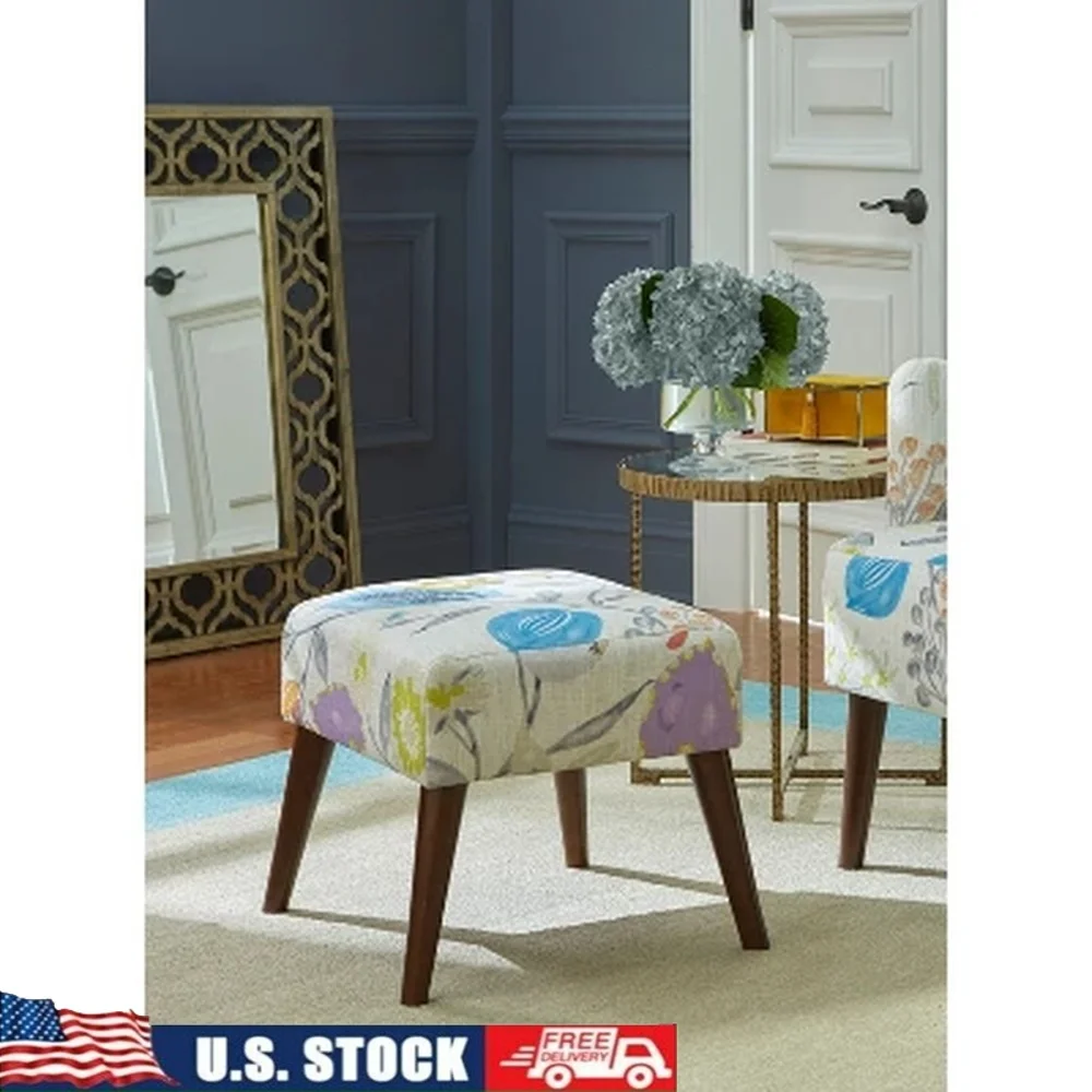 

Vibrant Floral Upholstered Ottoman Rubberwood Legs Mid-Century Design Extra Seating Footrest Living Room Bedroom Office