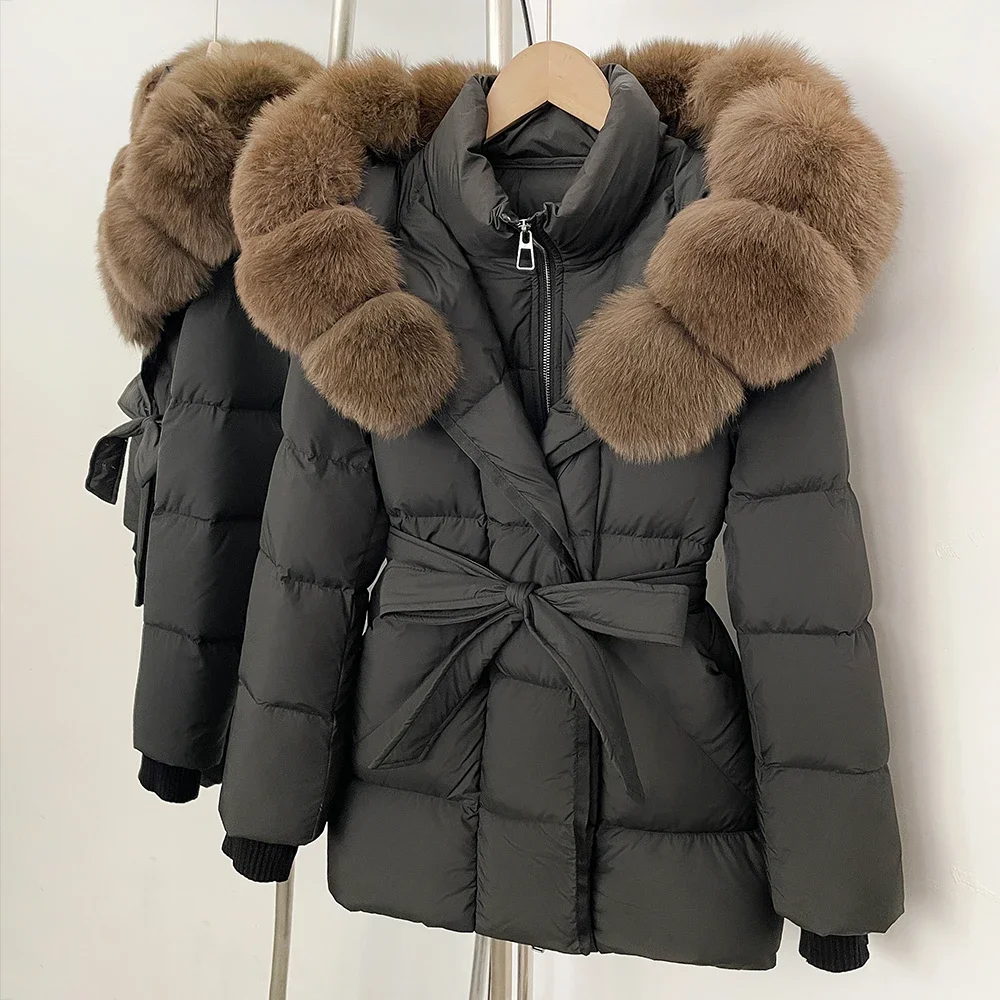 OFTBUY New Winter Real Fur Outerwear Women's Down Jacket with Real Fox Fur Belted Waist Mid-Length White Duck Down Puffer Coat
