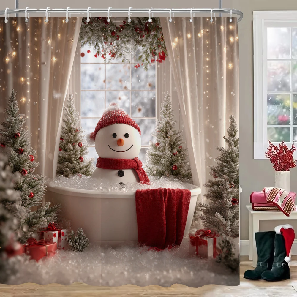 

Christmas Shower Curtain with Hooks Santa Claus and the snowman Shower Curtain home for print Christmas decoration Curtain