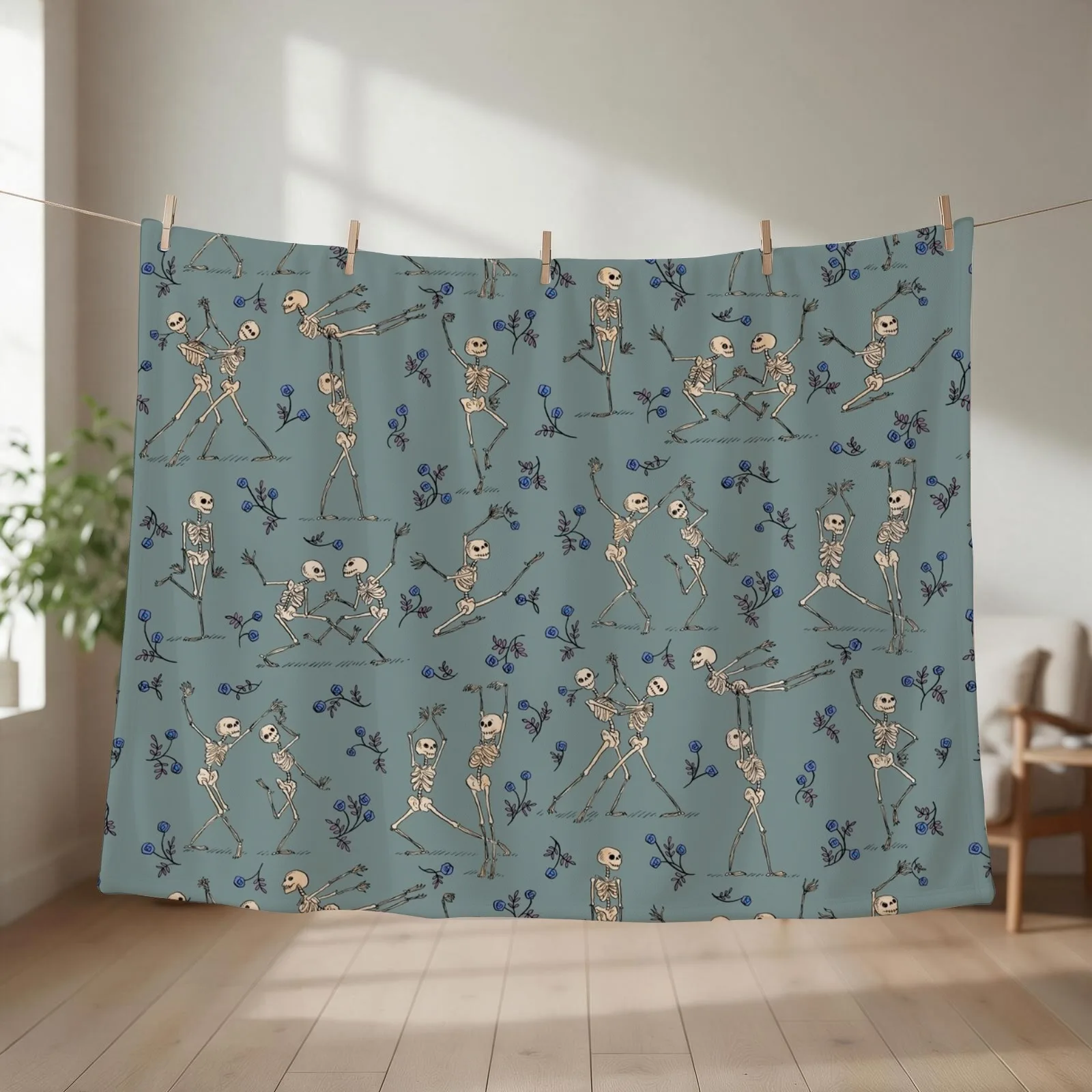 Skeleton Dance — blue Throw Blanket couch cozy soft plush fuzzy picnic outdoor blanket