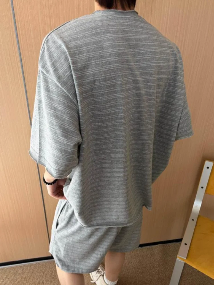 Men's Light Grey Striped 2 Piece Set Summer Casual Loose Fit Tee and Shorts Suit Matching Outfits Advanced Sense Loungewear view 3