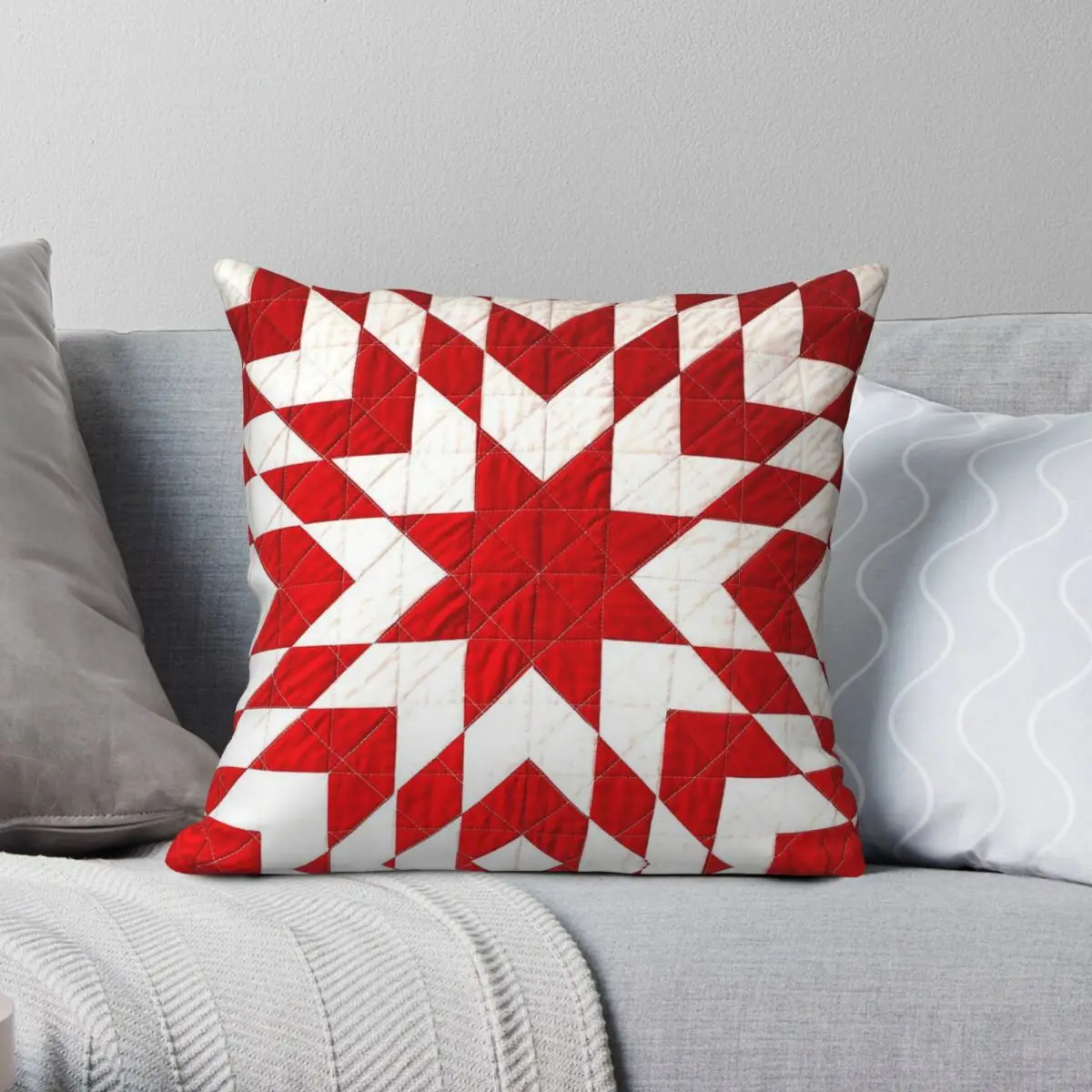 Red White Lone Star Quilt Pillowcase Polyester Linen Velvet Creative Zip Decor Bed Cushion Cover Wholesale 45x45