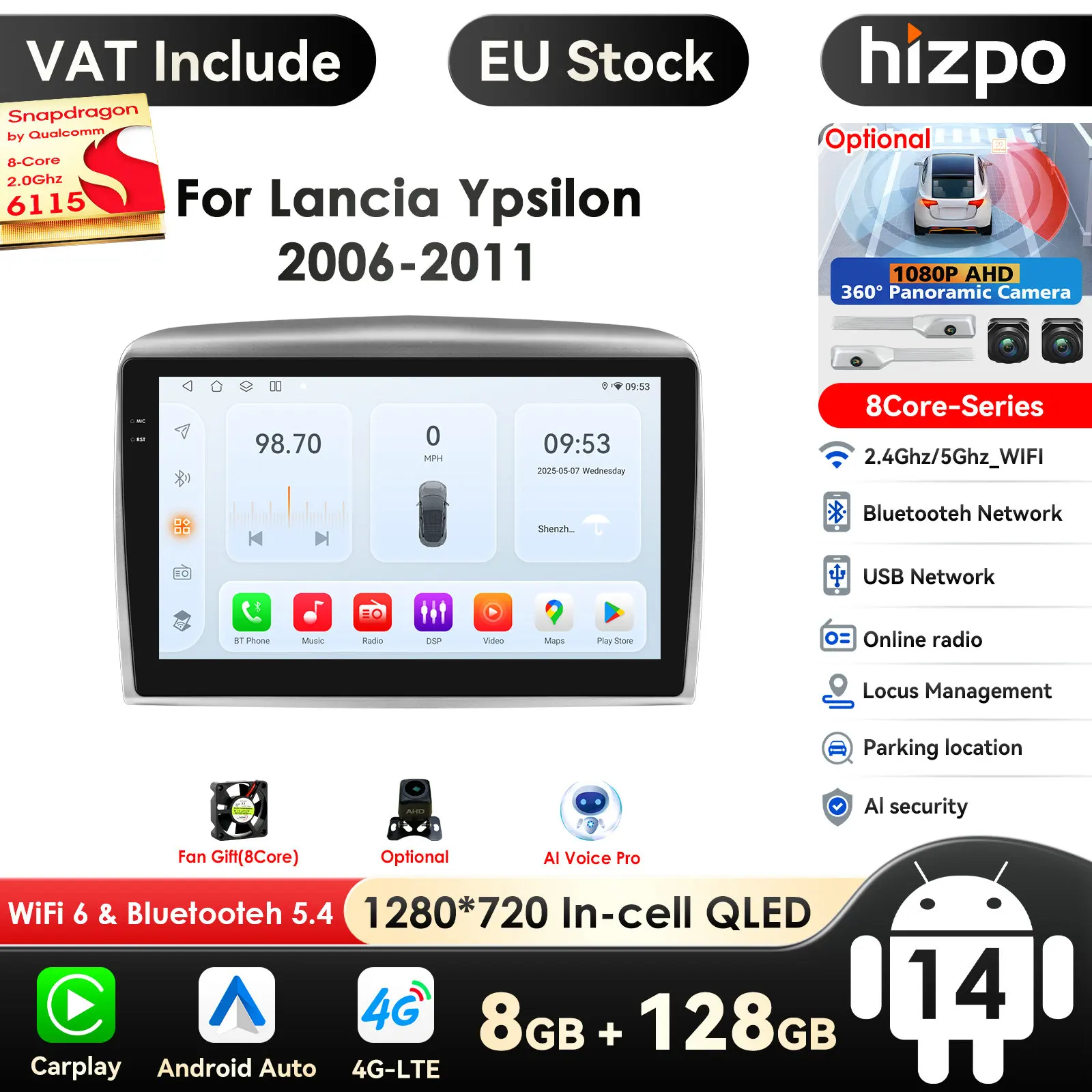 Hizpo 9 Zoll drahtloses Carplay Android Auto Auto Multimedia-Player für Lancia Ypsilon 360-Carplay 4g Autoradio ° Kamera