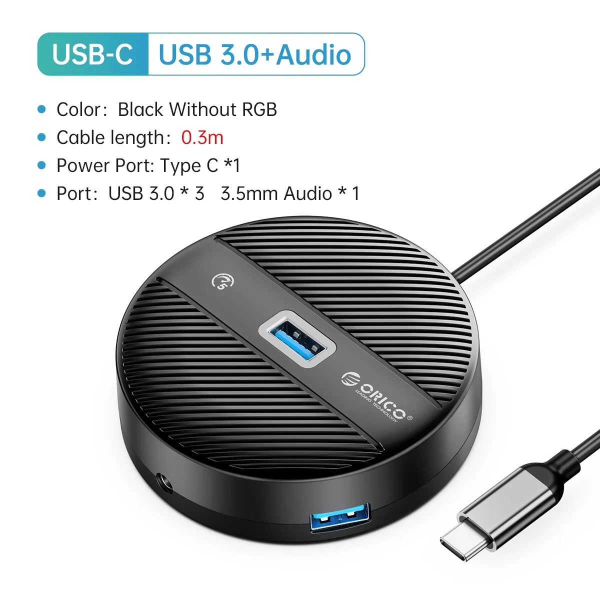 ORICO 4-Port-USB 3.0-HUB, runder USB-C-Splitter mit Typ-C-Ladeleistung, SD-TF-Anschlüssen für Festplatten, PC, MacBook Pro