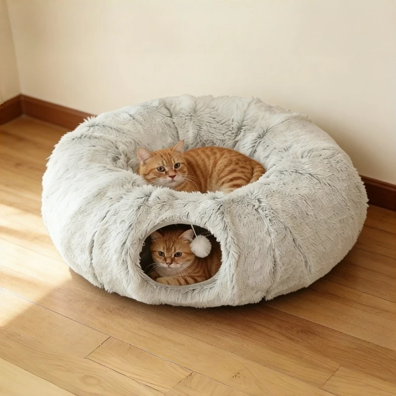 

Winter Cat Tunnel Bed Long Plush Warm Pet Nest Foldable Cat Cave Soft Sleeping Bag Cozy Hideaway for Indoor Cats Rest Sleep Play
