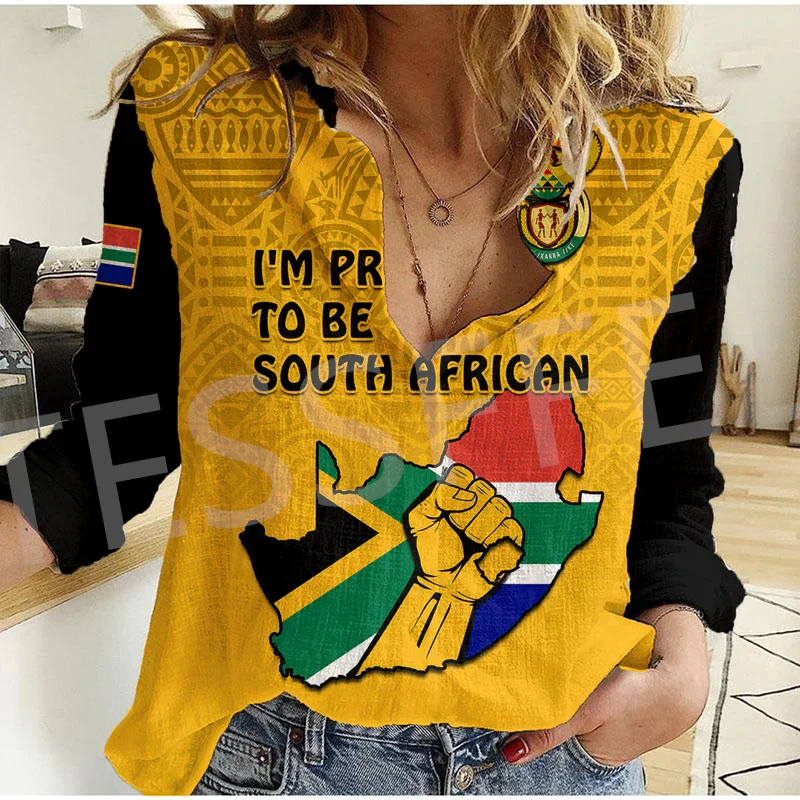 Custom Name Country South Africa Flowers Flag Tattoo Streetwear 3DPrint Harajuku Women Casual Button-Down Shirts Long Sleeves X4