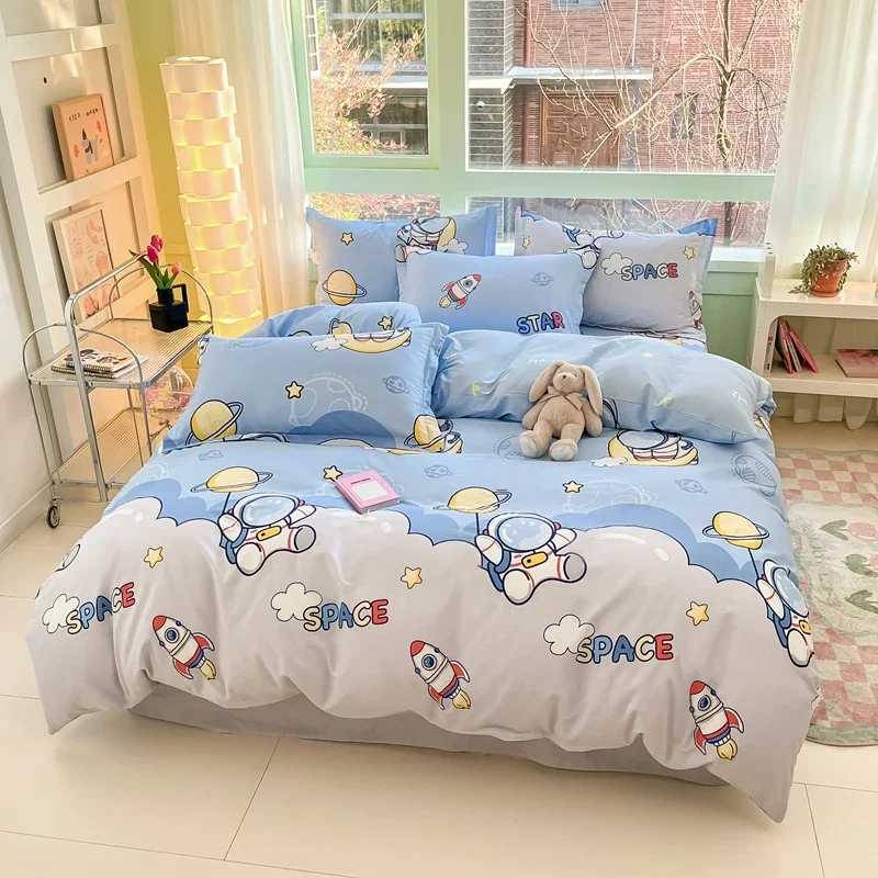 Kids Cartoon Astronaut Duvet Cover Set Single Queen Cotton Bedding Set Star Space Planet Print Comforter Cover With Pillow Shams