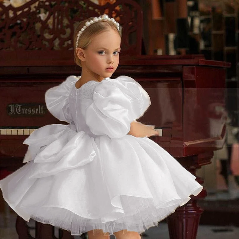 

White Flower Girl Dresses for Wedding With Bow Puff Sleeves Princess Pageant Dress Tulle Toddlers First Communion Party Gowns